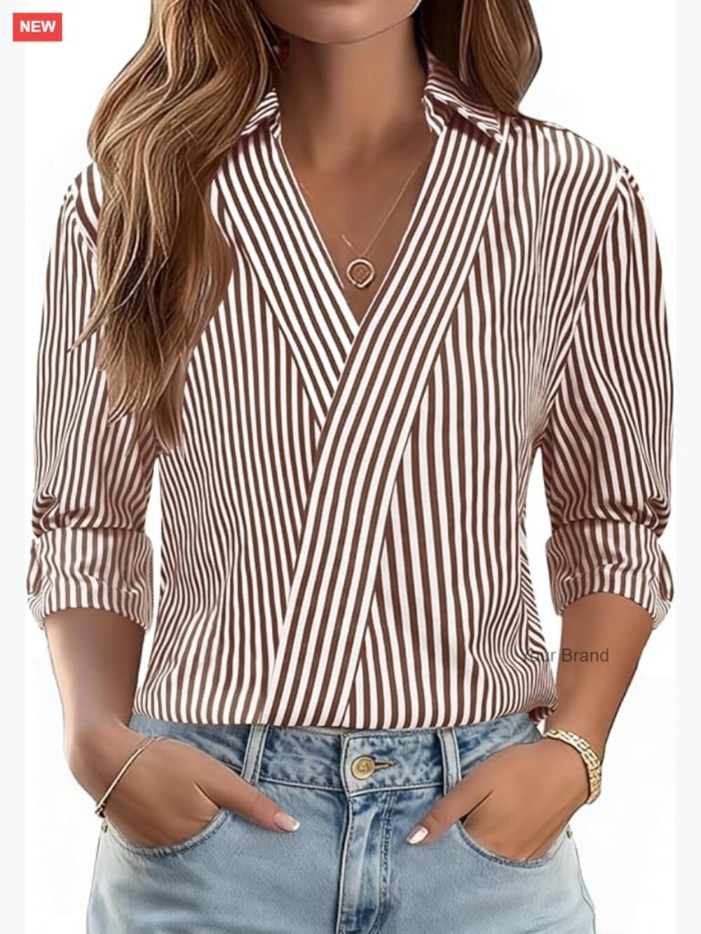 3/4 Sleeve V Neck Collared Blouse for Work & Vacation
